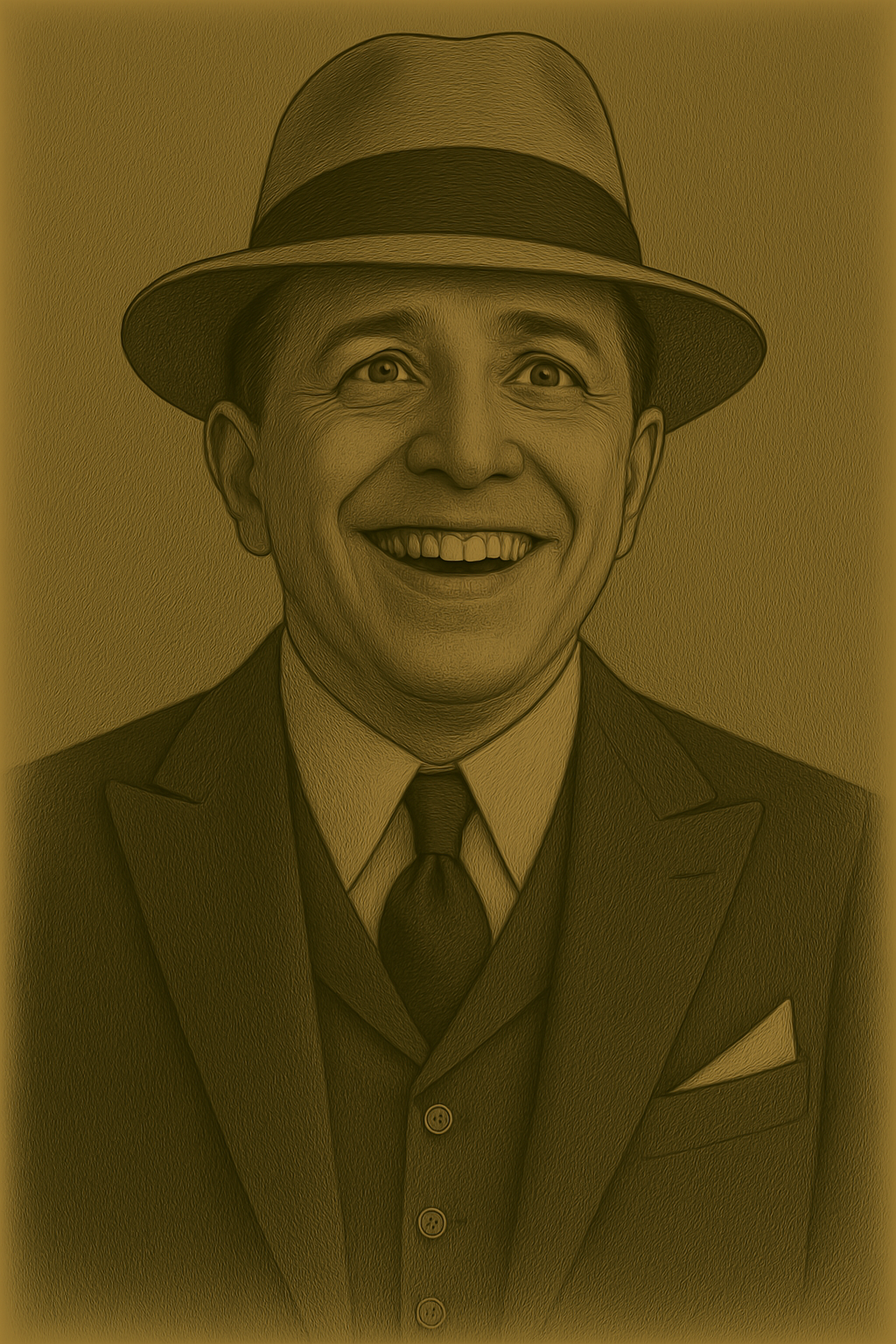 Ilustración de Gardel sonriente mostrando sus cartas